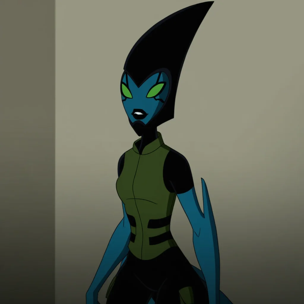 black orbs feet, Score_9, large blue tail, black lips, in a room, blue skin, long elliptical and pointed at the top black cone-like helmet, standing, Kineceleran female, full body, green eyes, green pockets, 1girl, solo, black facial markings, three fingered hands, black green colored uniform, smile