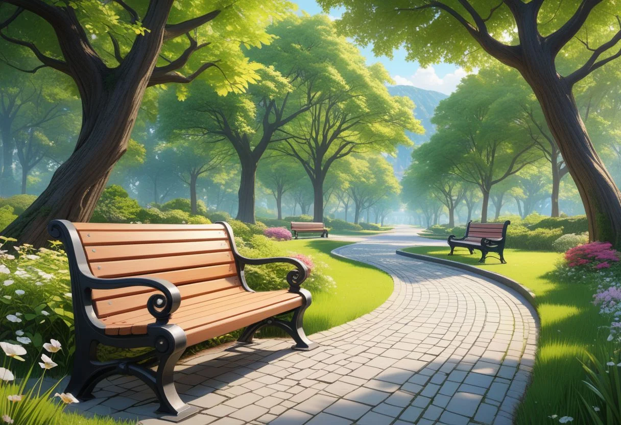 high quality, masterpiece, detailed, 4k, small park, bench, winding roads,