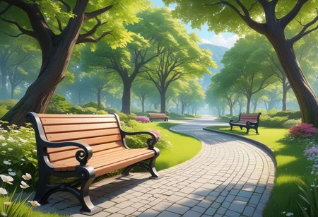 high quality, masterpiece, detailed, 4k, small park, bench, winding roads,
