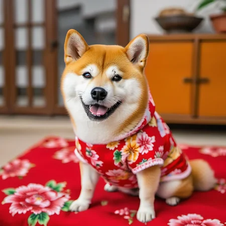 dongbeidahua,looking at viewer,tongue,indoors,tongue out,blurry,no humans,depth of field,blurry background,animal,floral print,dog,animal focus,clothed animal,shiba inu,<lora:dongbeidahua:0.6>,