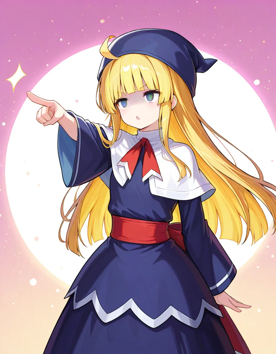 <lora:witchPF_SDXL_Illustrious01_fp16_ver01:1>,witchPF, 1girl,blonde hair,blue eyes,long hair,blunt bangs,ahoge,blue hat, dress,red sash, capelet,long sleeves,blank eyes,pointing forward, masterpiece, best quality, very aesthetic, absurdres,<lora:detailed_hands:1>,hand