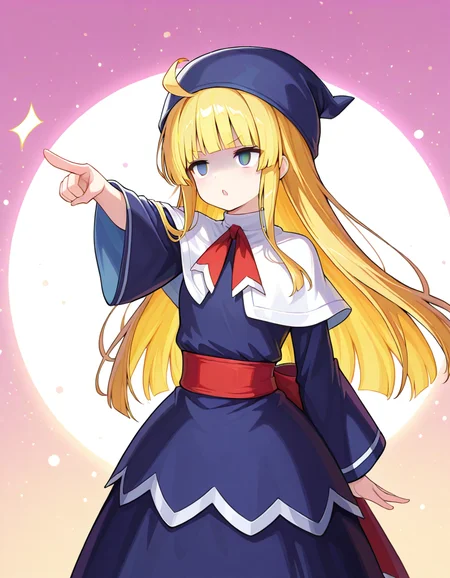 <lora:witchPF_SDXL_Illustrious01_fp16_ver01:1>,witchPF, 1girl,blonde hair,blue eyes,long hair,blunt bangs,ahoge,blue hat, dress,red sash, capelet,long sleeves,blank eyes,pointing forward, masterpiece, best quality, very aesthetic, absurdres,<lora:detailed_hands:1>,hand
