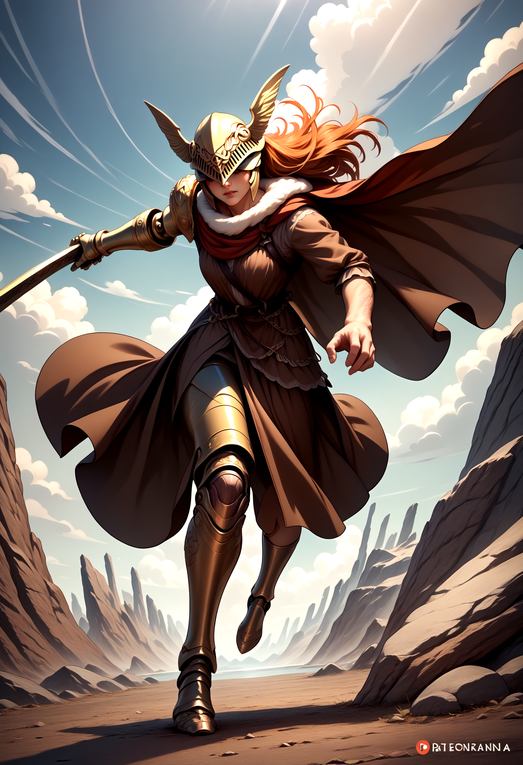 score_9, score_8_up, score_7_up, source_anime, prothestic leg, single mechanical arm, prosthesis, mechanical legs, MaleniaDef, armor, cape, helmet, brown dress, <lora:Malenia_XLPD:1>, holding sword, fighting stance,