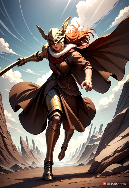score_9, score_8_up, score_7_up, source_anime, prothestic leg, single mechanical arm, prosthesis, mechanical legs, MaleniaDef, armor, cape, helmet, brown dress, <lora:Malenia_XLPD:1>, holding sword, fighting stance,