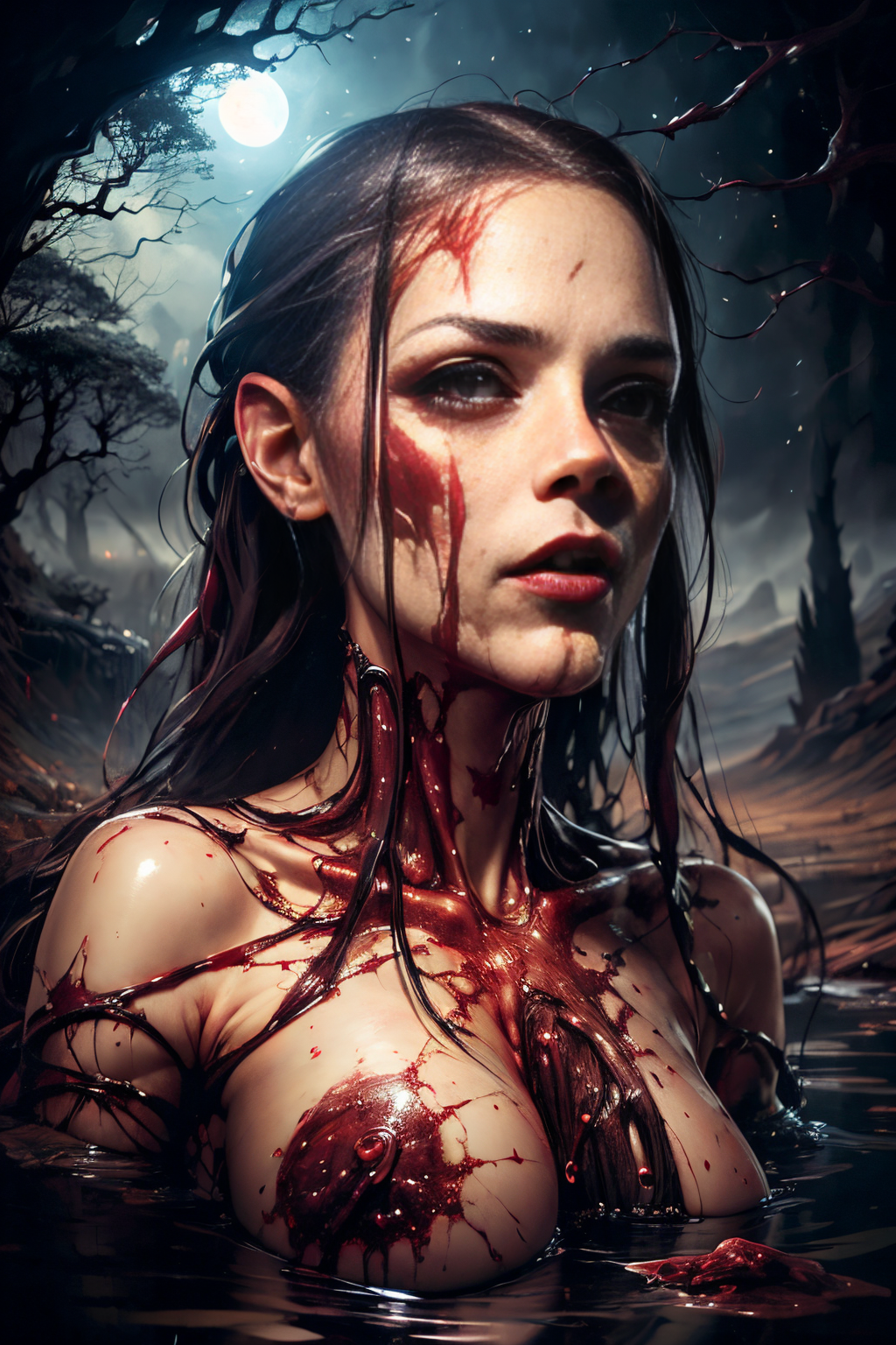 (Realistic:1.5) EdobHorrorLandscape , 1girl, fog, star (sky), blood, river, lightning, ribs, saliva, moon, monster, <lora:EdobHorrorLandscape_v1.0:0.8>