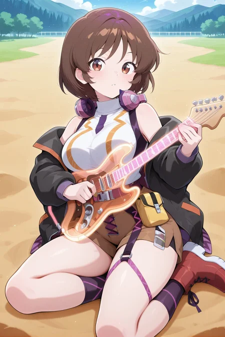 absurdres, highres, masterpiece, best quality, amazing quality, official anime artwork, screencap, anime screencap, outdoors, looking at viewer, day, sitting,
<lora:Tsukomo-Yatsuhashi_Illustrious:1> tsukumo yatsuhashi, 1girl, solo, brown eyes, brown hair, short hair,, tsukumo yatsuhashi \(device driver lil' sis\), alternate costume, headphones around neck, brown headphones, black jacket, open jacket, long sleeves, off shoulder, sleeveless, white shirt, sleveless shirt, turtleneck, brown shorts, asymmetrical legwear, belt, harness, pouch, strap, red boots, instrument, playing,