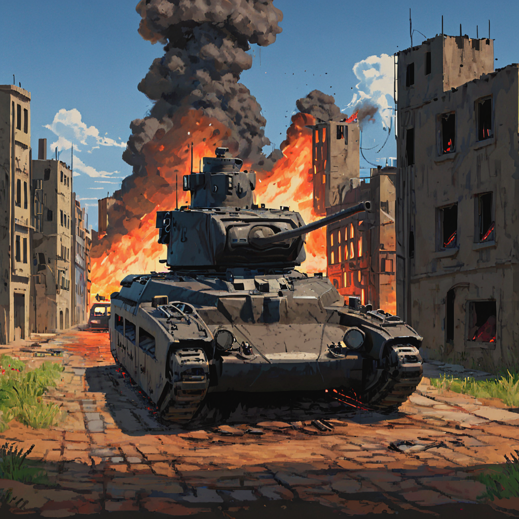 In the midst of the Battle of Arras, France, a mtldtnk tank navigates through the war-torn French countryside, its silhouette stark against a backdrop of burning buildings and chaotic skirmishes. The scene captures the tank's unexpected resilience against German forces in 1940  ((pulp_comic, heavy_lines, hand_drawn, hand_inked, hand_colored, perfect_face, apxlz))