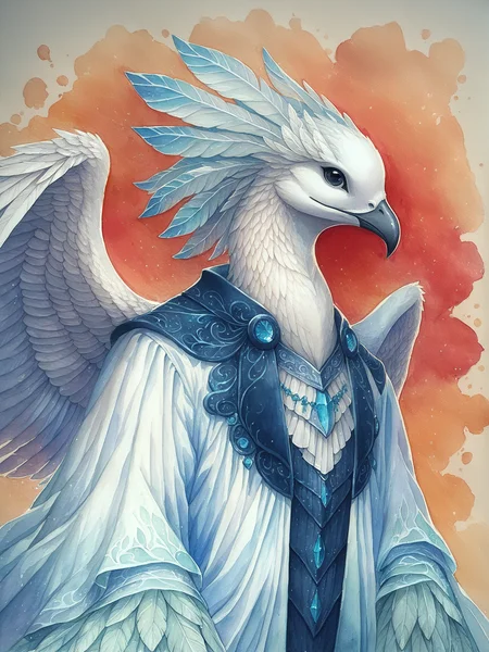 score_9,score_8_up,score_7_up,score_6_up,(a noble anthro_cockatoo with white_wings and a black_beak)(aquamarine turqoise robe)(bird) (portrait) black eyes,white feathers,cockatoo,crest,majestic,elegant,etheral,magical,masterpiece,highest quality,sharp,outline,fluffy feathers,illustration,oil painting,watercolor,colorful background,animal,nature,<lora:PonySpiritAnimals:0.8>,<lora:Desolation:0.3>,<lora:LineArt Mono Style LoRA_Pony XL v6:0.5>,
