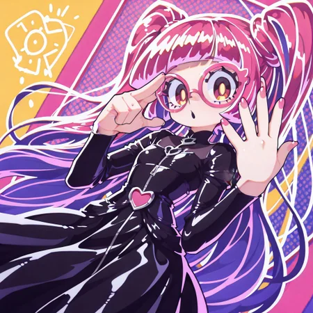 lazypos, character focused, fashionable anime girl, pink rim glasses, long flowing hair, yellow cyan streaks, black corset dress, heart-shaped belt, playful pose, dutch angle, halftone background, orange blue contrast, crosshatched halftones, bold graphic shapes, neon pink lighting, glossy anime eyes, soft fabric texture, colored line art, cel shaded style, kaikoistyle