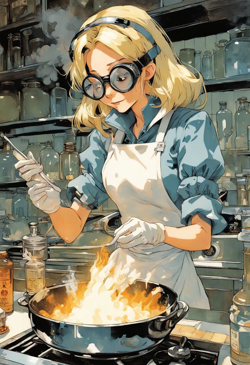 Anime Artwork,  Disney Alice in Wonderland cooking in a meth lab,  wearing chemist goggles,  art by Makoto Shinkai,  art by J.C. Leyendecker