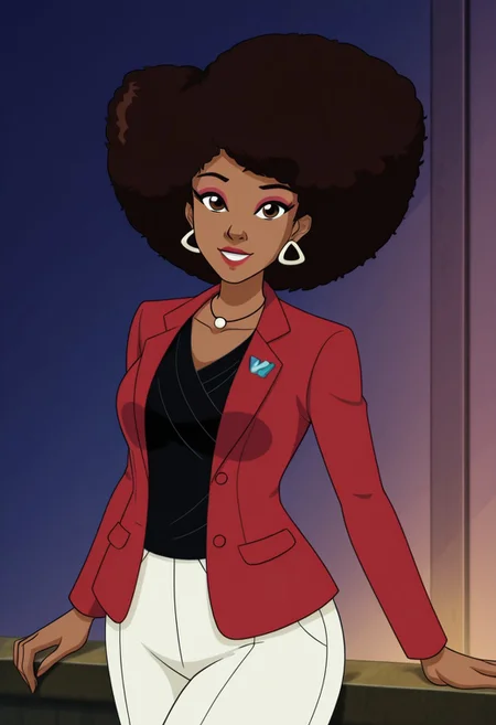masterpiece, best quality, good quality, 1girl, solo, cartoon, totally_spies_2k24, zerlina, brown hair, afro, brown eyes, dark-skinned female, makeup, jewelry, earrings, necklace, red jacket, pants, sexy, large breasts, beautiful, detailed, high detailed, very beautiful, detailed face, detailed eyes, detailed hand, abstract background, neon, smile, looking at viewer, pose, standing