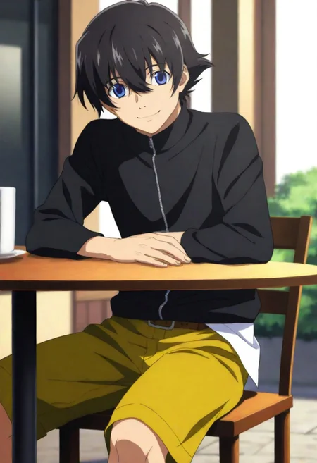 ((High quality, HD Illustration, very clear)), 1male, anime, male focus, ((1male only, solo male only, one male character only)), Yukiteru Amano, black hair, blue eyes, long sleeves black turtleneck shirt, untucked white undershirt, belt, olive yellow shorts, cowboy shot, ((happy, smile)), ((sitting on chair, table, arm on table)), ((public outside, cafe))