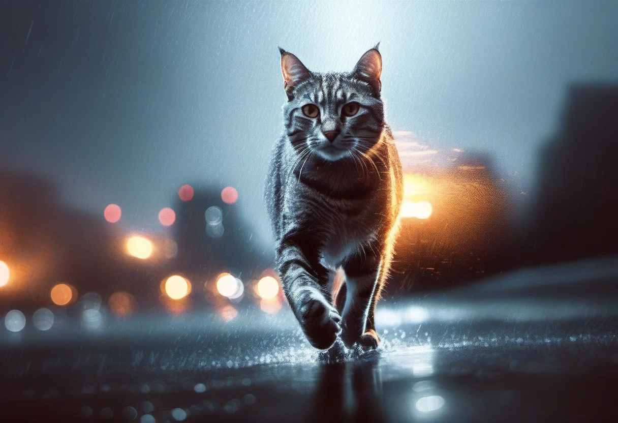 cinematic film still A cat walking in rain, bf4, <lora:BFXL:1> . shallow depth of field, vignette, highly detailed, high budget, bokeh, cinemascope, moody, epic, gorgeous, film grain, grainy