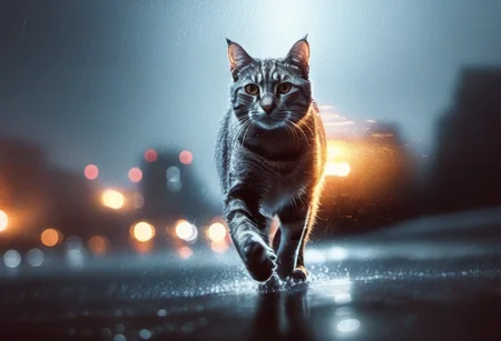 cinematic film still A cat walking in rain, bf4, <lora:BFXL:1> . shallow depth of field, vignette, highly detailed, high budget, bokeh, cinemascope, moody, epic, gorgeous, film grain, grainy
