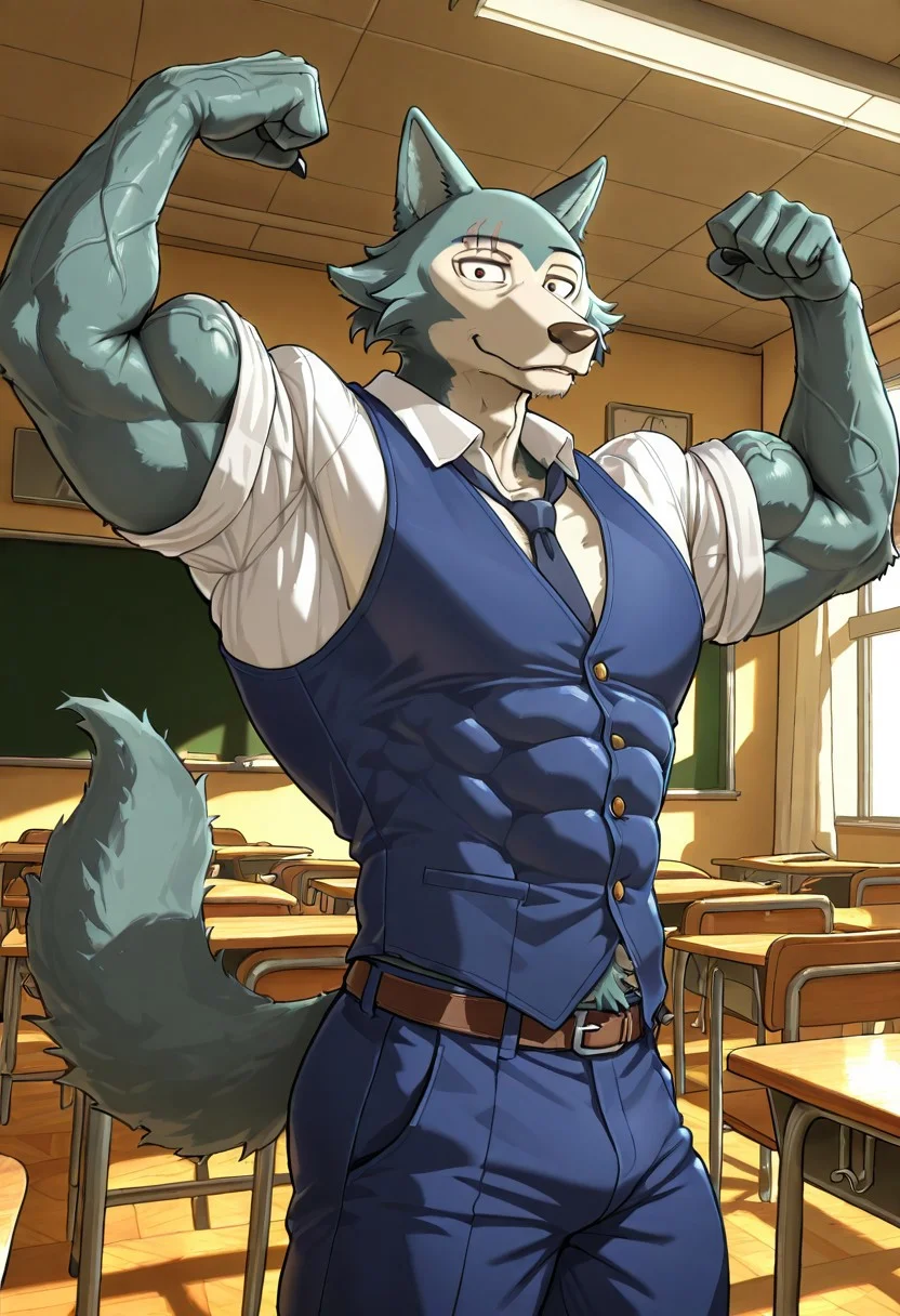 perfect anatomy, masterpiece, high quality, best quality, solo, male focus, western, detailed face, detailed body, masculine, Legoshi, anthro, wolf, beastars, scar on right brow, animal ears, Athletic build, muscle body, muscle biceps, muscle chest, big muscle pecs, abs, sexy abs, six pack abs,grayish blue fur, black claws, large brown eyes, (looking at viewer: 1.8), smug expression, school uniform, blue vest, blue pants ,, hairy, body hair, broad shoulders, thick thighs, long wolf tail, detailed background. (dinamic angle: 1.8), classroom, desk, chair, muscle veins, flexing muscles, sexy pose