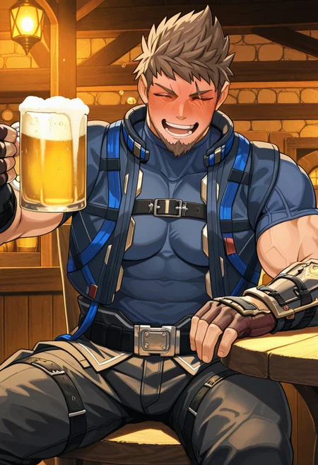 masterpiece, best quality, newest, extreme detail description, amazing quality, 1boy, solo, bara, muscular male, large pectorals, broad shoulders, rex_xc3, brown hair, spiked hair, brown eyes, scar across eye, beard, facial hair, stubble, blue shirt, vest, belt, gauntlets, fingerless gloves, black pants, footwear, beer mug, raised arm, drunk, eyes closed, laughing, mouth closed, sitting on chair, table, resting elbow on table, resting face on hand, deep blush, tavern background, fpov