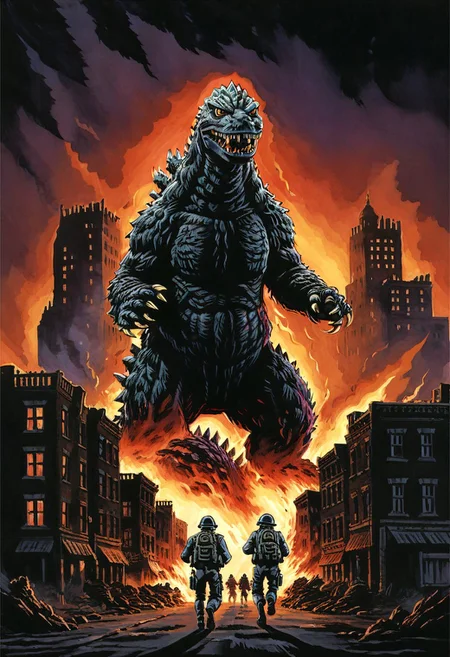 (drawix12), B-Movie Horror aesthetic, ((vivid colors)), with a pissed off expression, soldiers run away with fear on broken street, broken buildings , fire building, big hole on the street, scared soldiers running toward the foreground, ((slender Godzilla)) in the background city horizon, monster focus, slender godzilla kaijuu, gigantic monster, stunning background, bright and moody, red pale blue and violet, a mesmerizing blend of light and shadow, daytime, daylight, sunshine, sunrises, brightly, red sun, huge sun, scary shadow on the sun, masterpiece, absurdres, intricate details <lora:drawix12:0.7>, in the style of gabriel-ba