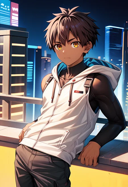 score_9, score_8_up, score_7_up, score_6_up, source_anime, science fiction, outdoors, cyberpunk cityscape, night, dark 1boy, solo, brown hair, yellow eyes, leaning against railing, wind, dark skin, white hoodie, vest, open vest, cargo pants, looking down at viewer, depth of field, chromatic aberration <lora:nayoshi-amxl-v4c-ShoAI:1>