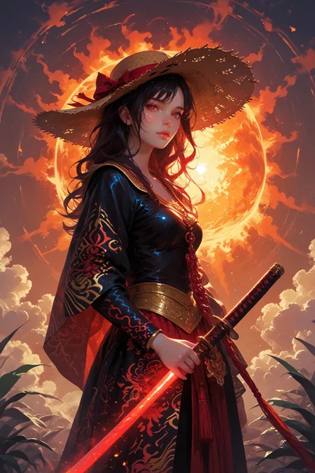 looking at viewer,detailed background,Cinematic Lighting,film grain,score_9,score_8_up,score_7_up,masterpiece,best quality,highly detailed,
<lora:(增强)sdxl_lightning_8step_lora:1>,<lora:glowneon_xl_v1:1>,glowing,<lora:hand 4:1>,hand person,<lora:(增强)Expressive_H-000001:0.8>,Expressiveh,<lora:th3rm4lXLP:0.6>,th3rm4l,colorful,<lora:Ahri_pdxl_Incrs_v1:1>,ahridefault,
hyper detailed,4k,masterpiece,samurai robot warrior,wearing large traditional straw hat,glowing red eyes,dark silhouette,detailed armor with technological elements,flowing tan and black robes,holding a katana,red sun setting in background,silhouette of bamboo plants,smoky misty environment,