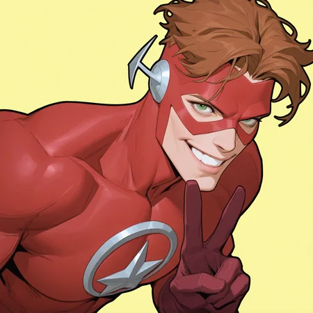 <lora:WALLY_WEST:1>wally_west, solo, looking at viewer, smile, short hair, simple background, brown hair, white background, 1boy, gloves, green eyes, green eyes, collarbone, upper body, male focus, teeth, hand up, star (symbol), grin, v, mask, bodysuit, portrait, yellow background, two-tone background, red gloves, brown background, animification, superhero, red bodysuit, domino mask, two-tone bodysuit, red mask, muscular, muscular male, pectorals, detailed background, motion blur, film grain, abstract, natural lighting, fantasy, cinematic, dynamic view, very awa, masterpiece, best quality, absurdres, newest, perfect quality, detailed background, intricate details, (artist:fl \(l-fl\):0.7), (artist:tooboshoo:0.7), (artist:dizdoodz:0.8)