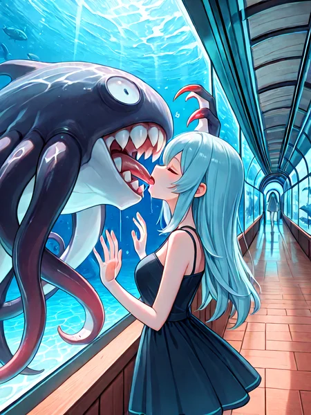 absurdres, explicit, aquarium tunnel, aquarium, floating kraken, claws, gigantic animal, underwater, hands on glass, hands on window, glass wall, 1girl, short dress, window, reflection, hallway, wooden floor, upper body, from side, profile, kiss, open mouth, saliva, closed eyes, <lora:girllikedolphinunderwater_ilxl:0.8>