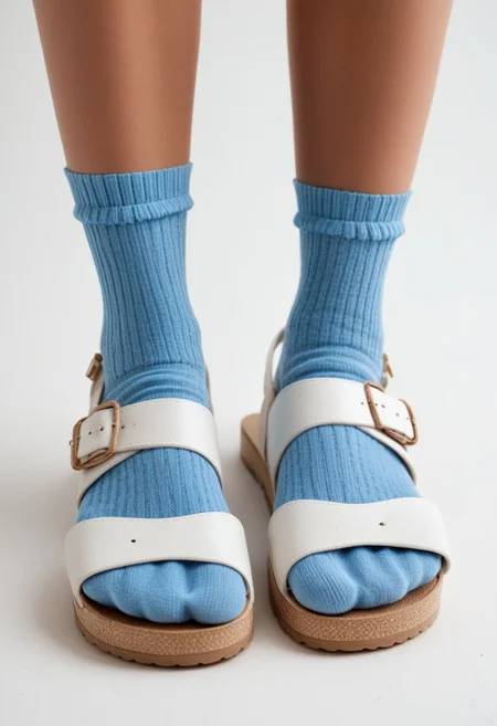 ((scksnsndls)), 1girl, solo, simple_background, white_background, blue_socks, close-up, sandals, lower_body, footwear_focus