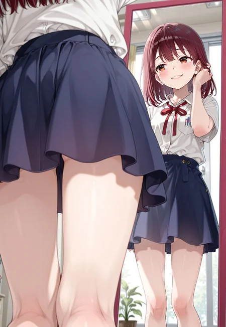 great quality,1girl,solo focus,almic,(akakura,ogipote,:0.75),(karlyn, pomu \(joynet\) ,pairan:0.9), ,great quality, great quality,,(looking at mirror,reflection:1.1), (out of frame:1.2), dark red hair,medium hair,brown eyes,,smile,, mirror,,thighs,skirt,casual, fashion,blurry,depth of filed,from behind,white shirt,school shirt,dark blue skirt,hand in hair, tilt head ,red ribbon,button and pocket shirt,window,morning,sunlight,hand up,indoors,black framed mirror
