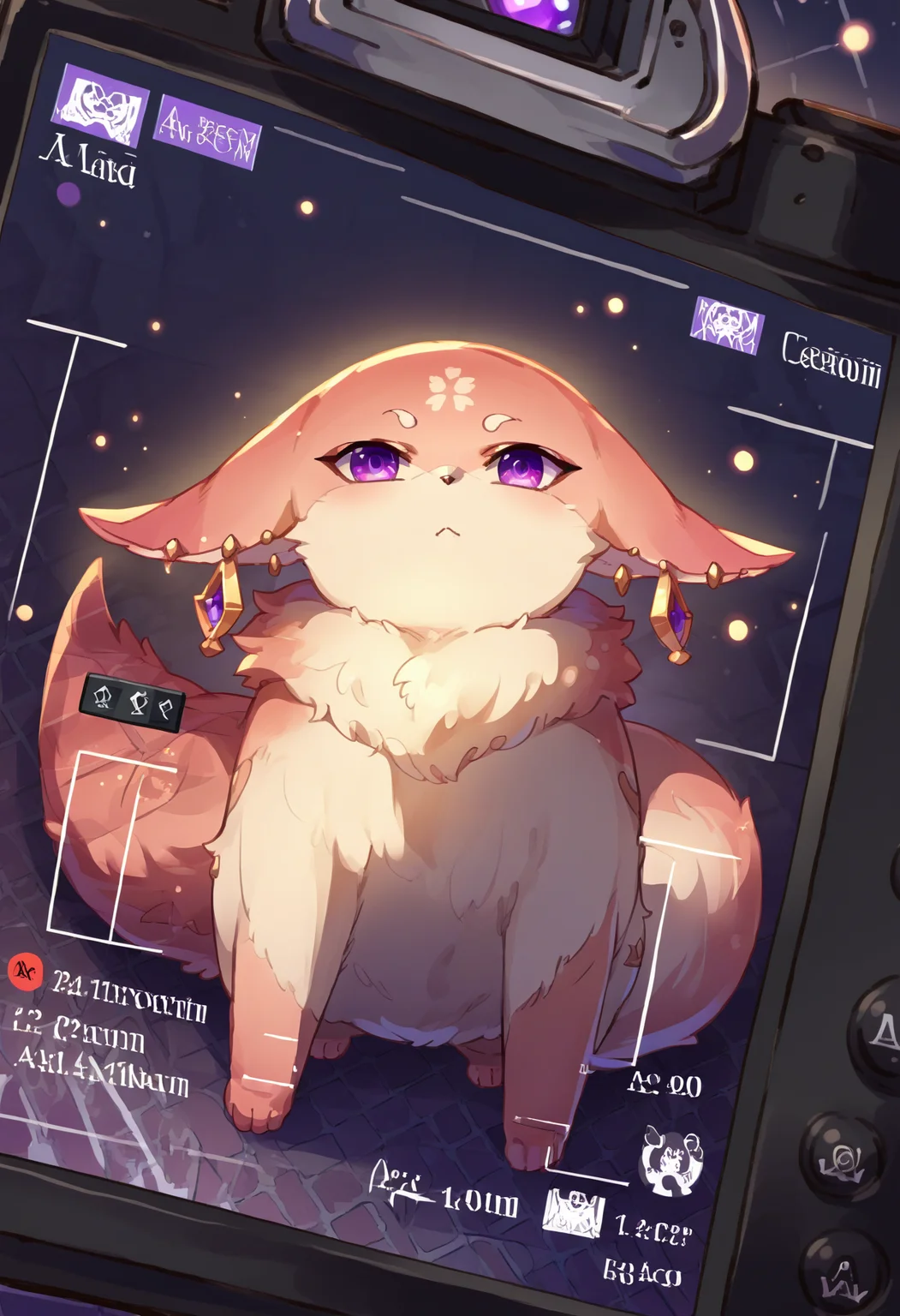 score_9, score_8_up, score_7_up, source_anime, IncrsViewFinder, viewfinder, <lora:ViewfinderCamera_XLPD:1.15>, <lora:YaeMikoFox_XLPD:1.2>, yaemikofox, earrings, no humans, animal focus, purple eyes, tail,