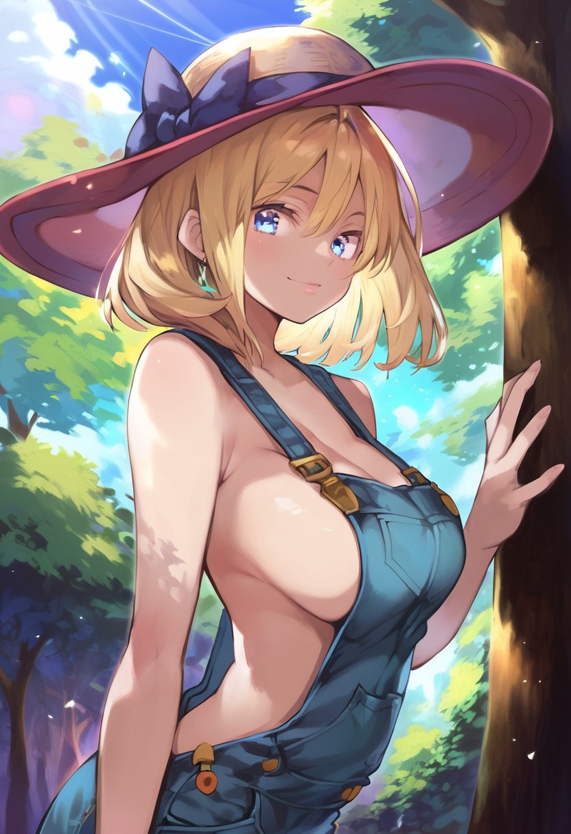 solo, hyocorou, 1girl, medium hair, blue eyes, blonde hair, large breasts, BREAK nude overalls, hat, sideboob, BREAK outdoors, farms, trees, colorful, looking at viewer, BREAK ((ultra-detailed)), ((best quality)), ((best quality)), ((beautiful eyes)), ((extremely detailed)), 4K, (8K), best quality, (beautiful), Master piece, highres, score_9, score_8_up, score_7_up, score_6_up, score_5_up, score_4_up, colorful, best quality, official art, highres, masterpiece, nai3, god light, detailed background, high quality background,