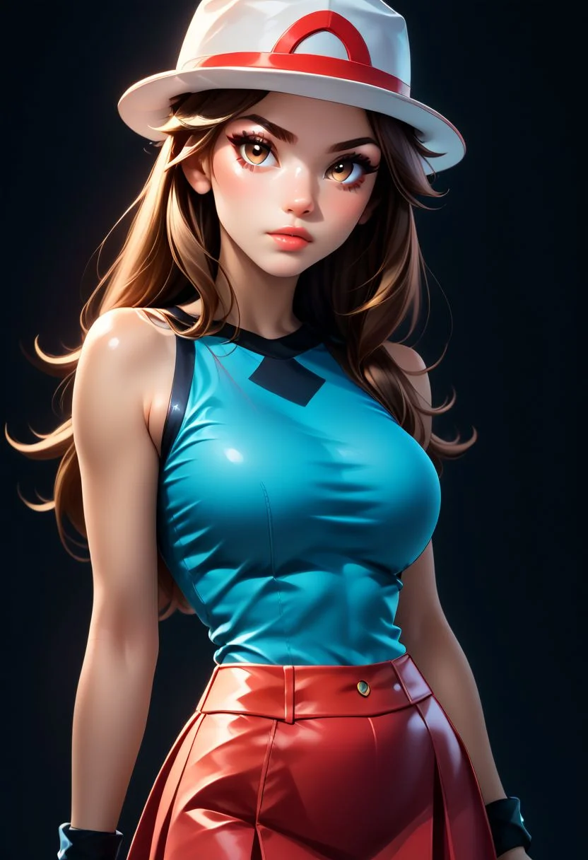 score_9, score_8_up, score_7_up, score_6_up, score_5_up, score_4_up score_9,score_8_up, digital art, upper body shot, realistic 3D illustration,
BREAK,
zzleaf, brown eyes, brown hair, long hair, hat, long hair, blue shirt, sleeveless, wristband, red skirt, blue socks, white footwear,
BREAK,
, soft lighting, contemplative expression, dark background, subtle makeup, high-resolution, detailed texture, emotional depth, dramatic mood, side profile, serene atmosphere, cinematic lighting. perfectly round breasts, big breasts, firm breasts, SkinHairDetail, eye contact