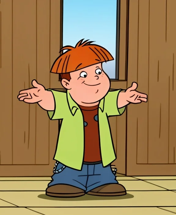 <lora:what_about_mimi-16:0.9>, 1boy, solo, Brad, orange hair, shirt, pants, smiling,