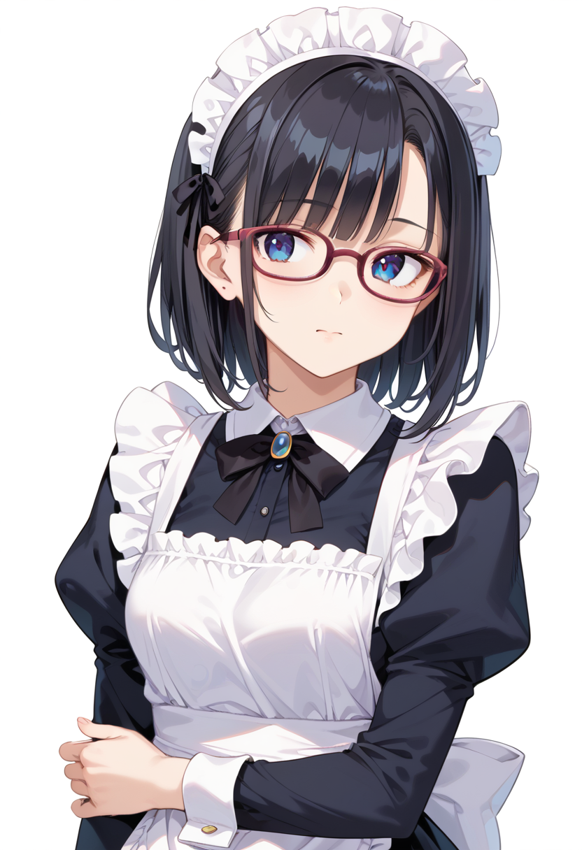 score_9, score_8_up, score_7_up, rating_safe, masterpiece, best quality, absurdres, unity 8k wallpaper, official art, official style, source_anime, uncensored, game cg, megami magazine,
1girl, solo, black hair, medium hair, upper body, covered eyes,maid, maid headdress, black dress, maid apron, face focus,
oval_cell, glasses, still life, white background, simple background, red-framed eyewear,
 <lora:glasses_OvalCell2_PONY_V1:1>
