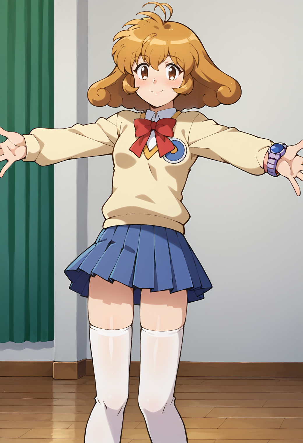 score_9, score_7_up, hd, (ultra hd quality details), source_anime, indoors,
solo, 1girl, kasugayuidef, antenna hair,
kasugayuidef, antenna hair, school uniform, beige sweater, long sleeves, blue skirt, pleated skirt, white thighhighs, wristwatch,
looking at viewer, blush, smile,
standing, spread arms, 
<lora:_kasuga_yui-elesico-pony:0.9>