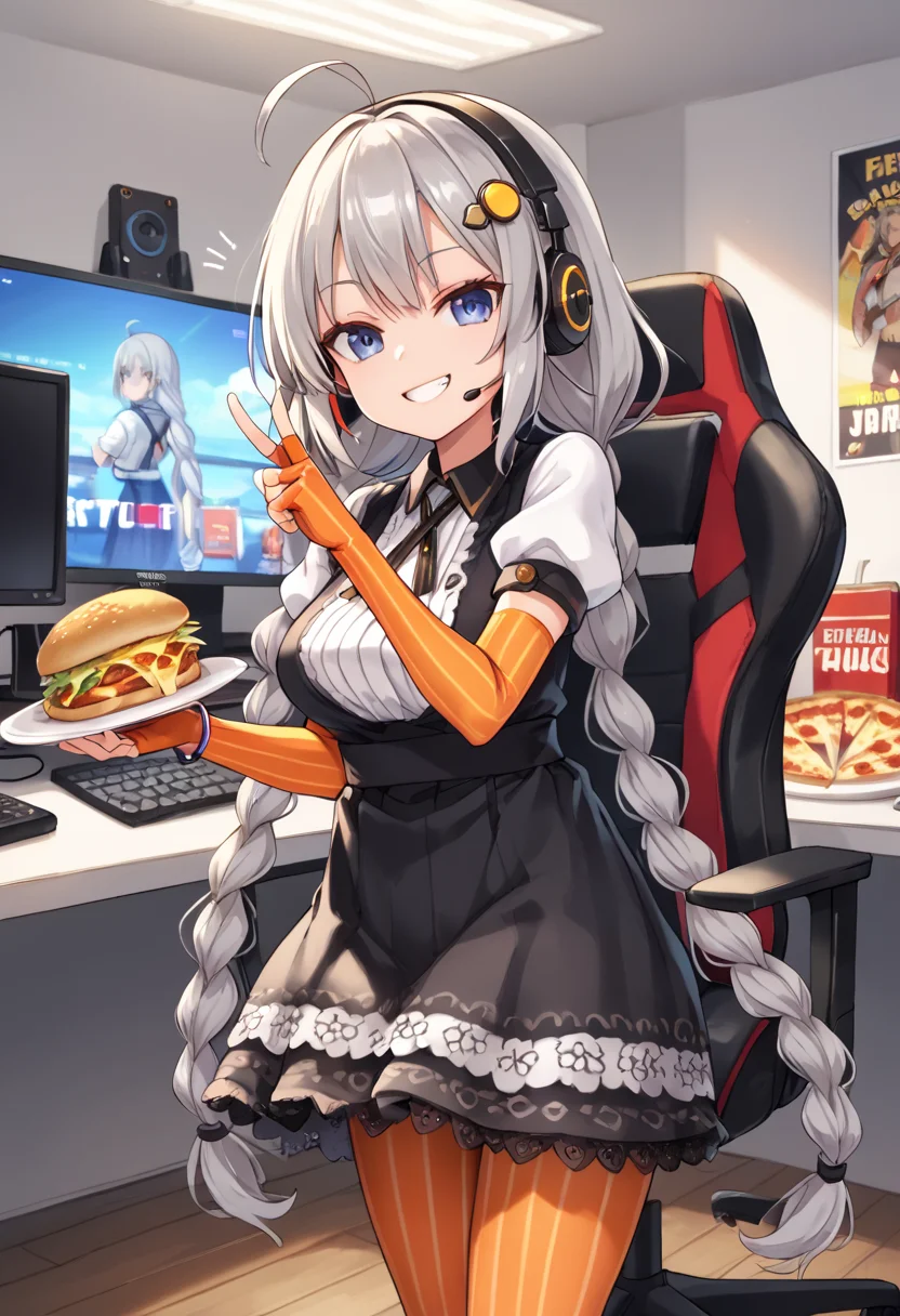 score_9, score_8_up, score_7_up,
<lora:KizunaAkari_MMD_Pony_V1:0.95>blue eyes, grey hair, ahoge, twin braids, braid, very long hair, hair ornament, hair tubes, headphones, headset,
black dress, lace-trimmed dress, short sleeves, puffy sleeves,
orange gloves, striped gloves, elbow gloves, fingerless gloves, bracelet,
orange pantyhose, striped pantyhose,
star print, star (symbol), vertical stripes,
from front,, looking up,, Portrait,,
Streamer room, gaming chair, gaming PC, game equipment, controller, TV monitor, PC monitor, headphones, headset, anime poster, game poster,foods, Holding food ,hamburgers, pizza, french fries, junk food,
smile,cowboy shot ,huge brests,
smug, smirk, blush,peace sign,