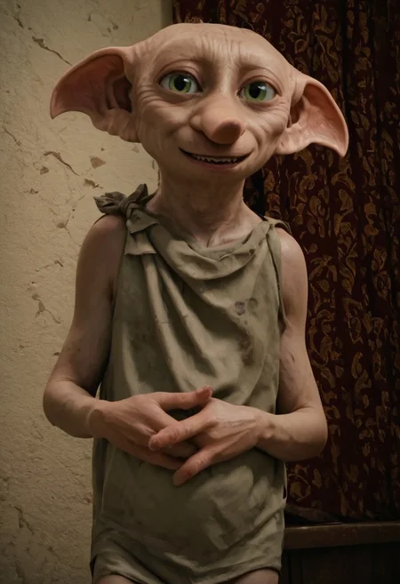 dobby_free, 1male, short, bald, large green eyes, long nose, long pointed ears, four fingers, pale skin, sleeveless light grey rags clothes, brown shoes, score_8_up, score_7_up, BREAK, solo, looking at viewer, smiling, waving at viewer, male focus, looking at viewer, bedroom background, detailed background, 4k, masterpiece, best quality, highly detailed, realistic, 3d, cowboy shot
