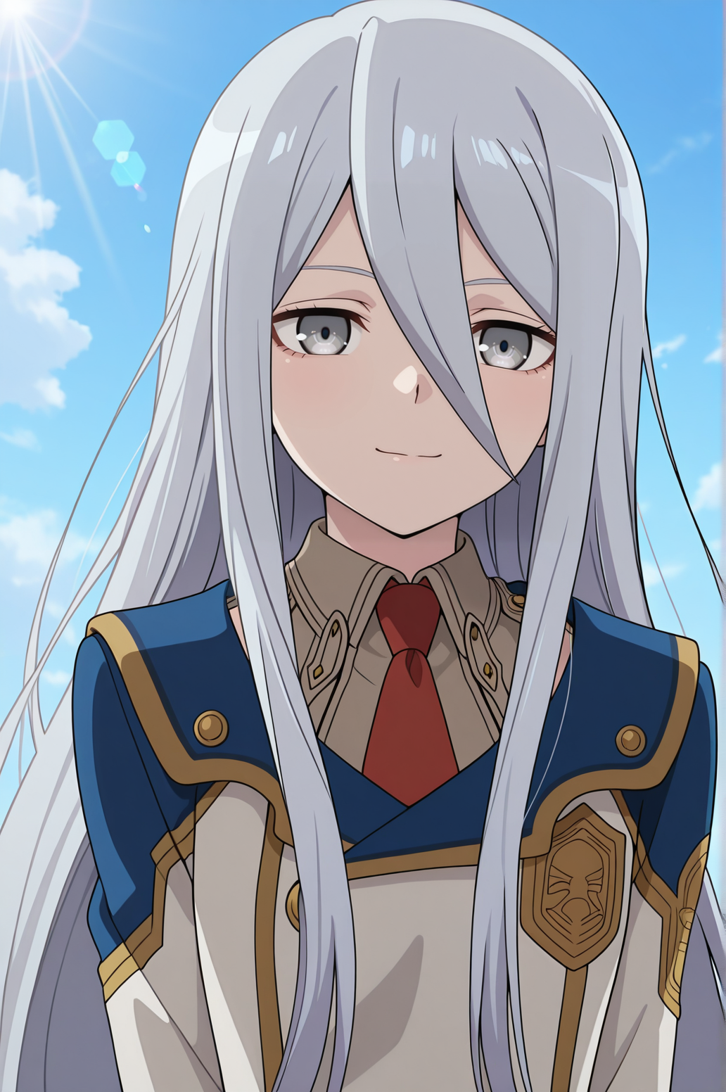 masterpiece, best quality, absurdres, highres, source anime, very aesthetic, very awa, BREAK, anime coloring, anime screencap, dynamic pose, 
<lora:felli_loss_v2-illustrious:1>,1girl, felli loss, koukaku no regios, grey eyes, grey hair, (upper body:1.4), zuellni martial arts uniform, necktie, lens flare, blue sky, 
BREAK, looking at viewer, light smile, 
BREAK,