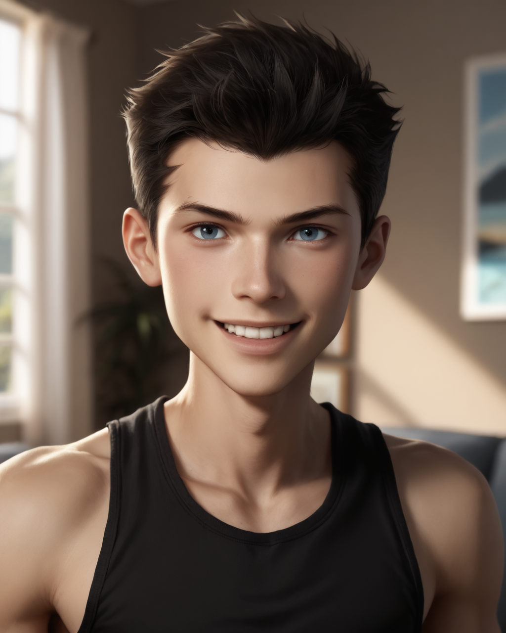 score_9, score_8_up, score_7_up, intricate details, rating_questionable,
<lora:homri52:1>
,
<lora:Damian_Wayne_DCAU:0.8>, 1boy(damian wayne DCAU, black hair, looking at the viewer, solo, happy, 
portrait, face focus, tank top), cozy living room,
4k,
detailed background, depth of field, 
<lora:ral-chrosc-clr:0.5>, ral-chrosc-clr,
<lora:Expressive_H:0.5>, Expressiveh,
<lora:xl_more_art-full_v1:0.3>,
<lora:add-detail-xl:0.3>,