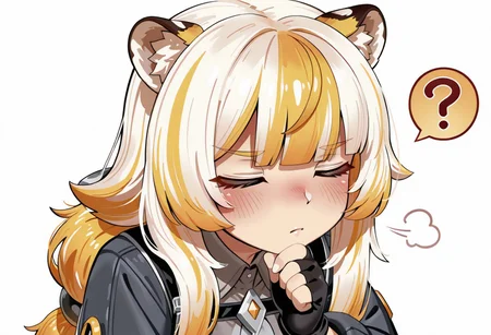 lazypos, girl focus, 1girl, animal ears, tiger ears, closed eyes, blonde hair, ?, multicolored hair, spoken question mark, long hair, white background, upper body, shirt, simple background, blunt bangs, animal ear fluff, hand on own chin, closed mouth, white hair, jacket, collared shirt, black gloves, streaked hair, grey shirt, fingerless gloves, solo, gloves, thinking, blush, two-tone hair, personification, mdstyle, Mizumizuni