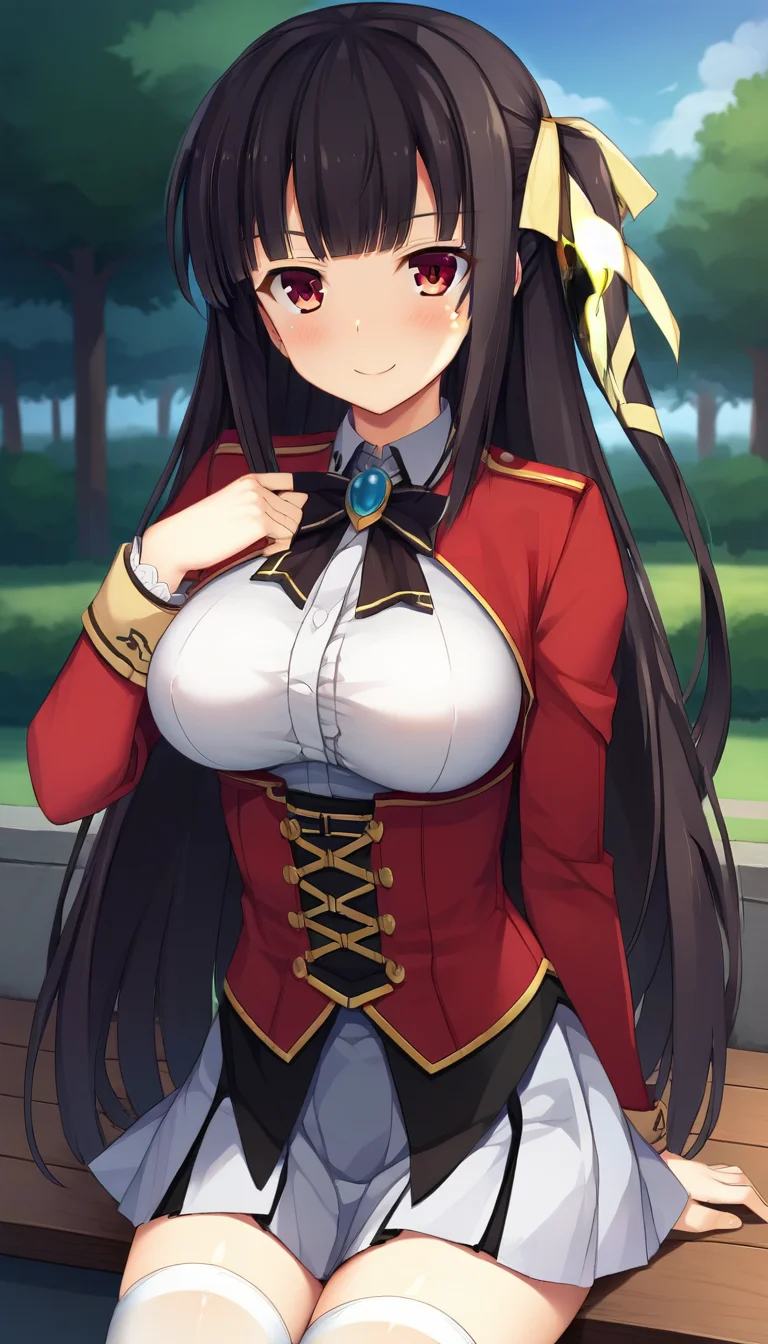 score_9,score_8_up,masterpiece,best quality,correct anatomy,anime_source,1girl,solo,perfect eyes,perfect arms,perfect legs,perfect face,outdoors,upper body,(portrait:1.5),looking at viewer,facing viewer,smile,blush,Shidou Mana,very long hair,black hair,one side up,hair ribbon,yellow ribbon,sidelocks,blunt bangs,red eyes,uniform,black bowtie,black ribbon,brooch,red jacket,cropped jacket,white shirt,collared shirt,center frills,shirt breasts out,red corset,long sleeves,large breasts,underbust,jewelry,miniskirt,white skirt,pleated skirt,zettai ryouiki,white thighhighs,loafers,brown footwear,<lora:Shidou Mana(kpk)-Pony:1.4>,
