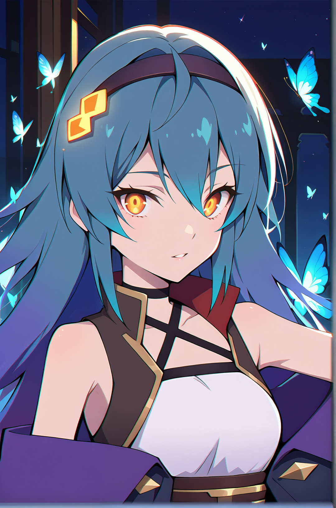amber eyes, parted lips, bright blue hair, looking at viewer, (dark night:1.4), (small blue glowing butterflies:1.1)  <lora:backgroundon:1>