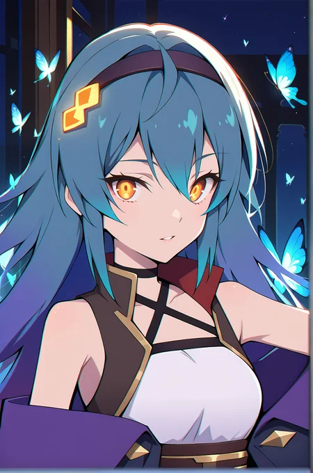 amber eyes, parted lips, bright blue hair, looking at viewer, (dark night:1.4), (small blue glowing butterflies:1.1)  <lora:backgroundon:1>