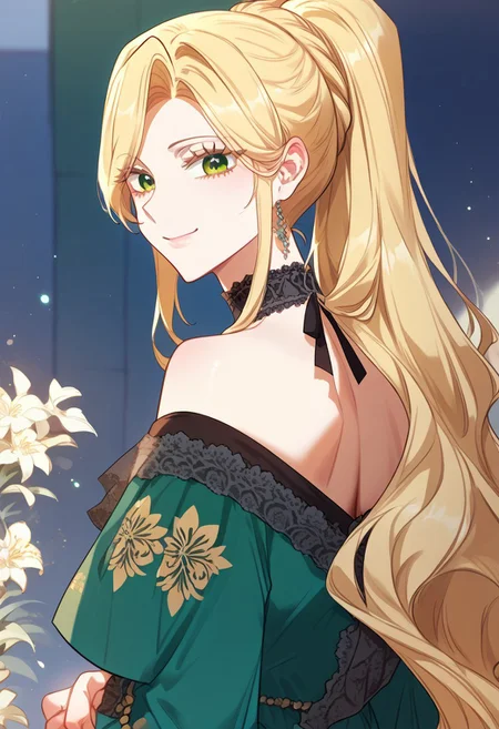 zPDXL3, score_9_up, score_8_up, score_7_up, (Anime_source), 1girl, AriaRoscente, green eyes, blonde hair, long hair, ponytail, green dress, looking at viewer, smile, closed mouth, upper body, looking back