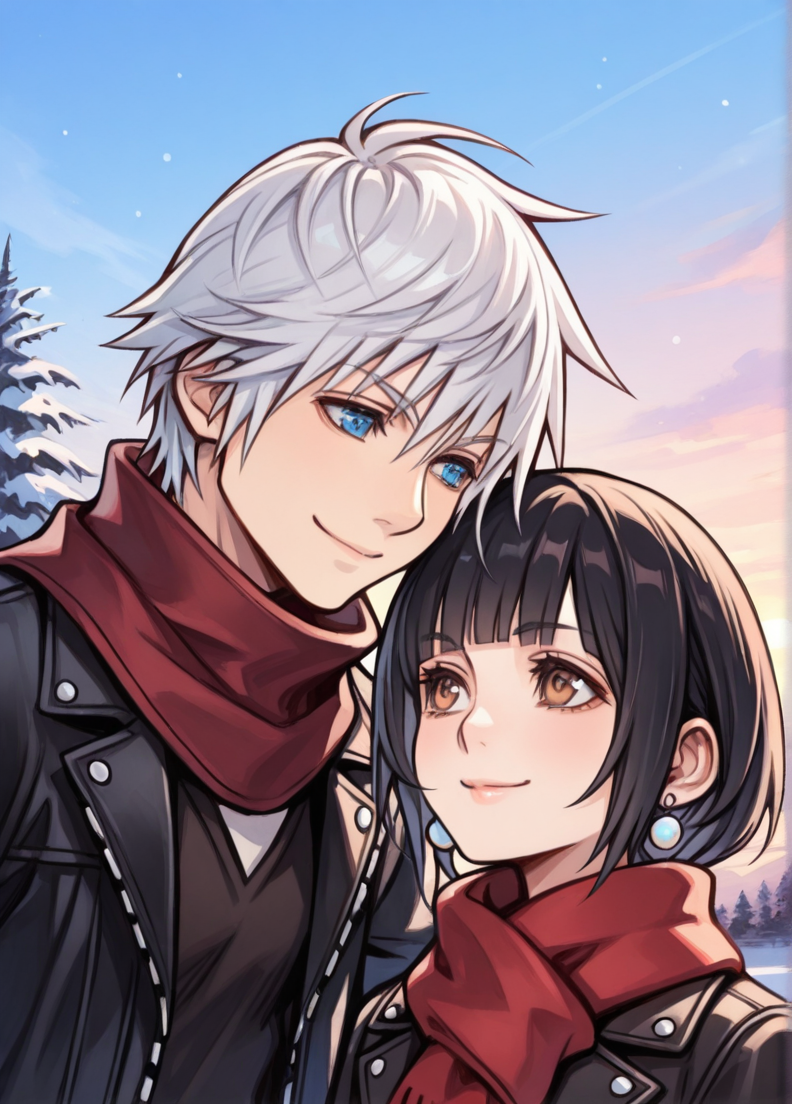 tetsuyaxd,
masterpiece, best quality, amazing quality, very aesthetic, absurdres, newest, detailed background, 4k, 8k, outdoors,
1girl, 1boy, black hair, jewelry, blue eyes, smile, earrings, brown eyes, scarf, bangs, blunt bangs, short hair, black jacket, jacket, red scarf, white hair, outdoors, closed mouth, sky, shirt, looking at another,
 <lora:Tetsuya_Nomura_Style:1>