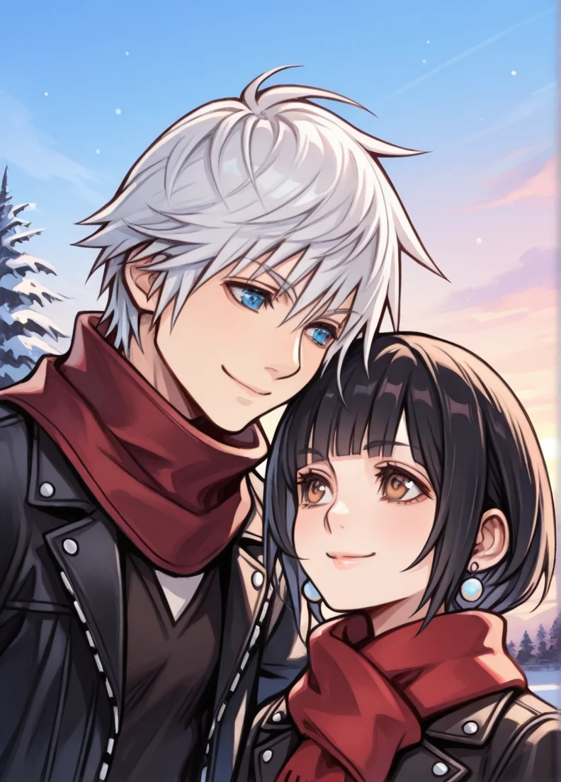 tetsuyaxd,
masterpiece, best quality, amazing quality, very aesthetic, absurdres, newest, detailed background, 4k, 8k, outdoors,
1girl, 1boy, black hair, jewelry, blue eyes, smile, earrings, brown eyes, scarf, bangs, blunt bangs, short hair, black jacket, jacket, red scarf, white hair, outdoors, closed mouth, sky, shirt, looking at another,
<lora:Tetsuya_Nomura_Style:1>