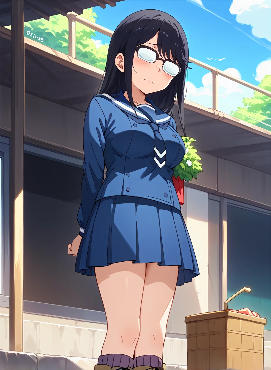 score_9,score_8_up,score_7_up,source_anime,anime,nsfw,rating_explicit,uncensored,High quality,Ultra detailed,best quality,insanely detailed,beautiful,masterpiece,perfect lighting BREAK
<lora:ono_makoto_V1:1>,(ono_makoto, black hair, long hair,medium breasts, opaque glasses,winter uniform,necktie, sailor collar,serafuku,blue shirt,long sleeves, blue skirt, pleated skirt, socks,boots),1girl,solo,embarrass,standing,outdoors,embankment,sea,looking_at_viewer,from_below,