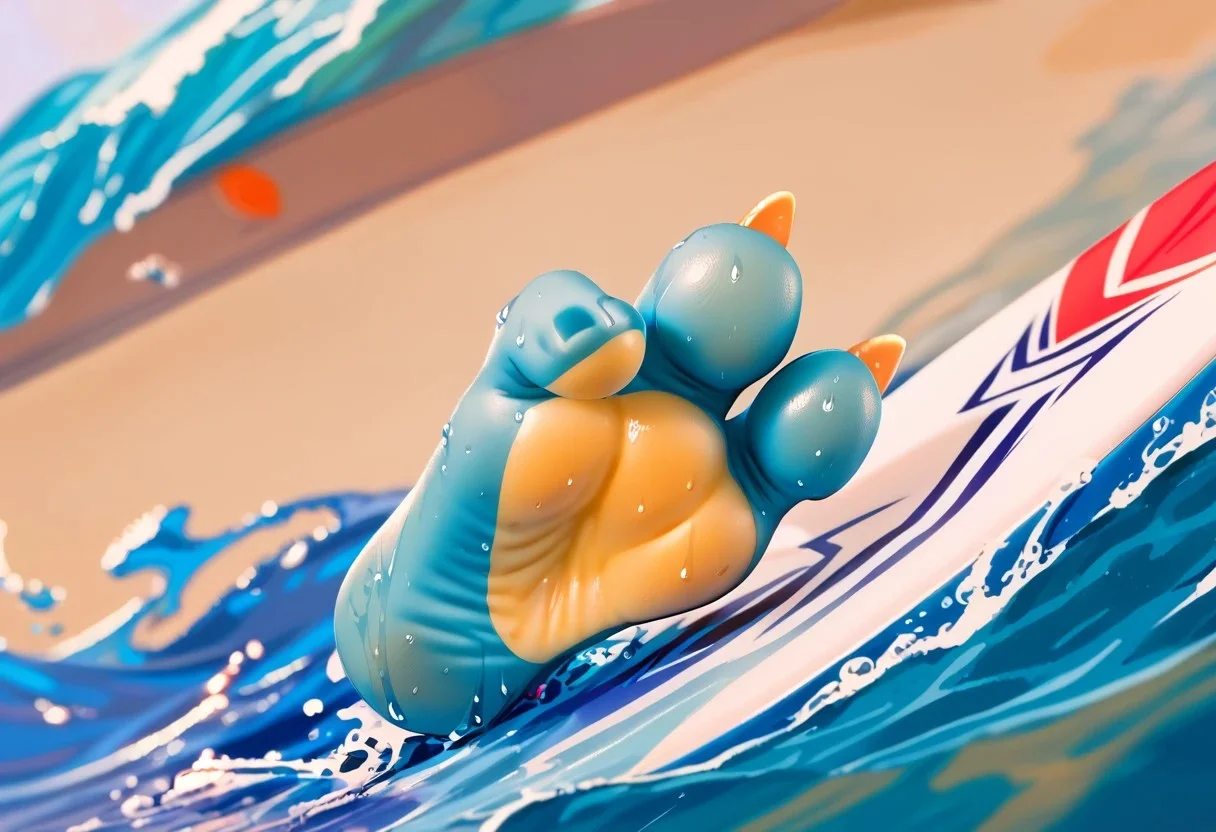score_9, score_8_up, score_7_up, score_6_up, <lora:POKEMON_TOTODILE:1> totodile, pokemon (creature), blue feet, 3 toes, foot focus, feet style, foot style, water, surfing, feet on surfboard, wet on feet