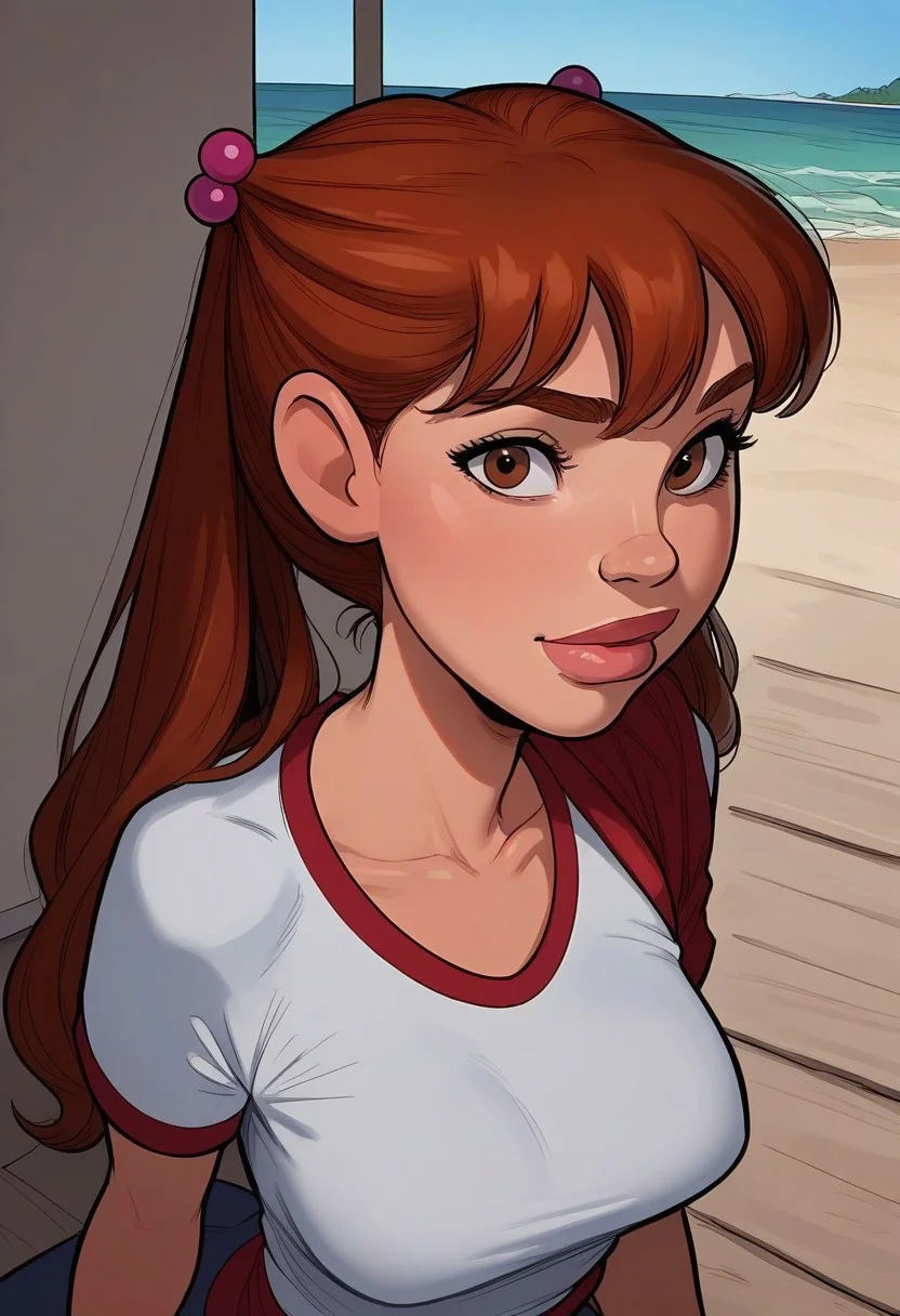 masterpiece,best quality, highly detailed, score_9, score_8_up, score_7_up, score_6_up,source_cartoon, red hair, thick lips, 1girl, long hair, hair bobbles, twintails, brown eyes, 20yo, ocean beach background, sexy expression, looking at viewer, gym clothes, red shorts, white t-shirt,