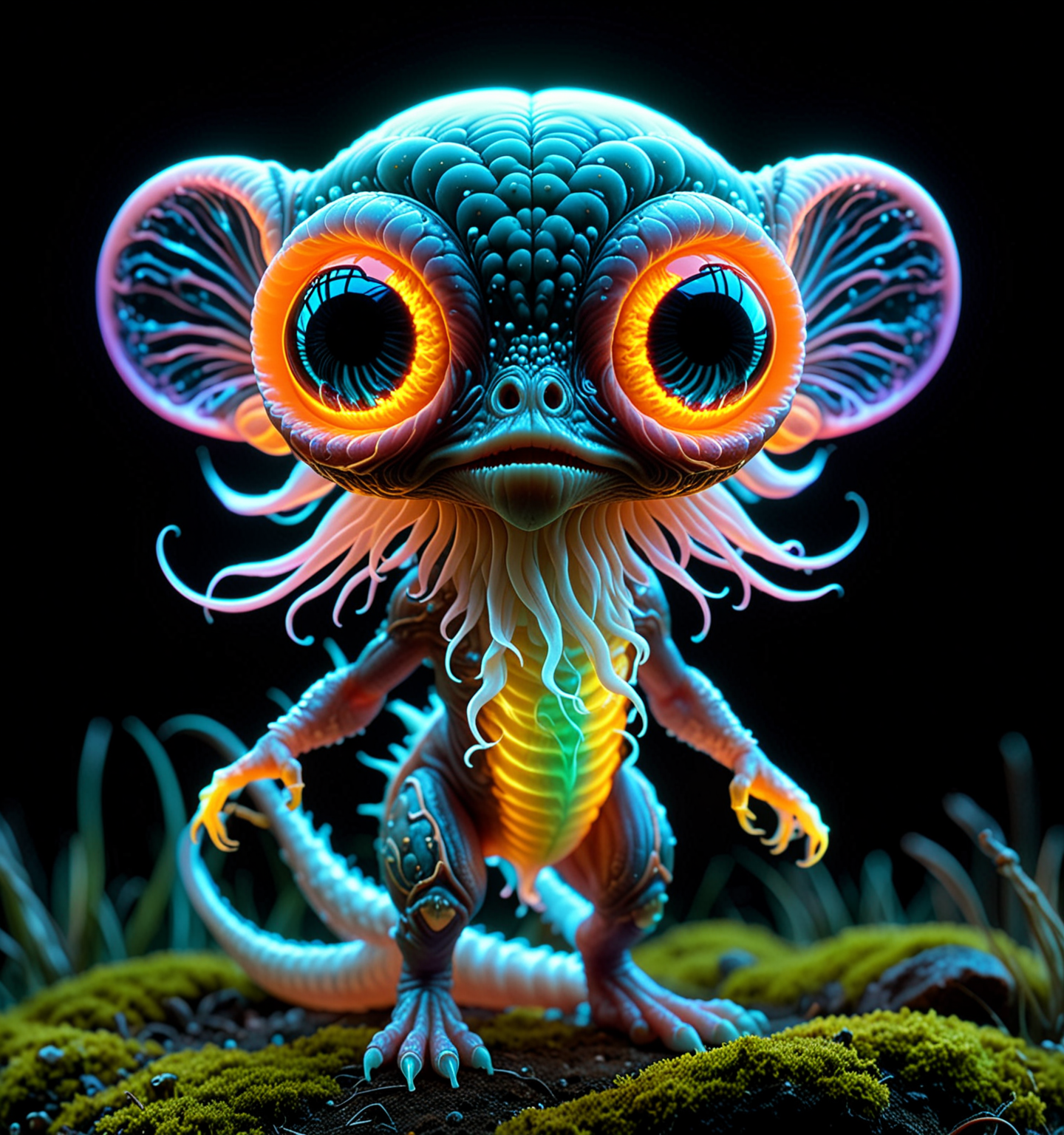 helios, award-winning macro photo, (short depth of field:1.2), hyper realistic, neon hues, subsurface scattering, the tiny "stoic thudnerblart" is a (softly glowing:1.4) dimension traveling creature, its devurlified (bioluminscent appendages:1.3) help it navigate the wondrous wilderness on planet "ramsnuggle i", with its translucent hompfs it absorbs nutrients from its assimplumized prey, (dappled light:1.1), (Use Dream Diffusion Secret Prompt) <lora:helios2:1>