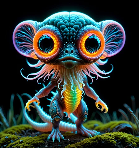 helios, award-winning macro photo, (short depth of field:1.2), hyper realistic, neon hues, subsurface scattering, the tiny "stoic thudnerblart" is a (softly glowing:1.4) dimension traveling creature, its devurlified (bioluminscent appendages:1.3) help it navigate the wondrous wilderness on planet "ramsnuggle i", with its translucent hompfs it absorbs nutrients from its assimplumized prey, (dappled light:1.1), (Use Dream Diffusion Secret Prompt) <lora:helios2:1>