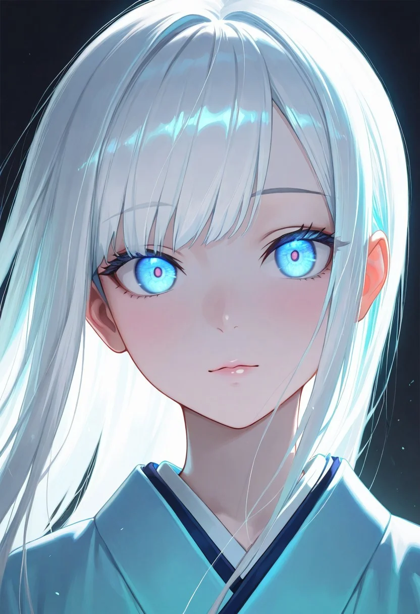 masterpiece,best quality,amazing quality, anime,
1girl, solo, A close-up of a serene anime girl with pale skin, colored sin, white skin, long glossy white hair with bangs, glowing blue eyes with a hypnotic effect, soft warm lighting, wearing a light blue kimono, mysterious and cozy atmosphere, detailed hair texture, cinematic lighting, dark background, ultra-detailed, 8k resolution
